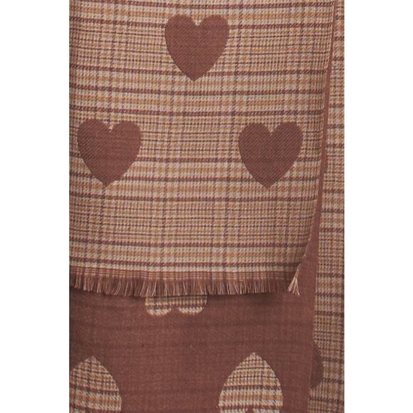Mello Brown Heart Print Plaid Scarf with Raw Edge - Picture 5 of 5